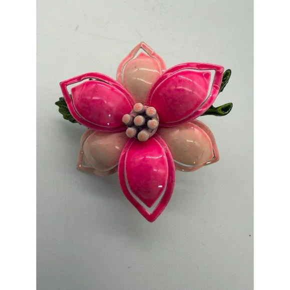 Vintage Pink Enamel Flower Brooch Pin Layered Floral Design Retro Green Stem - Picture 2 of 7
